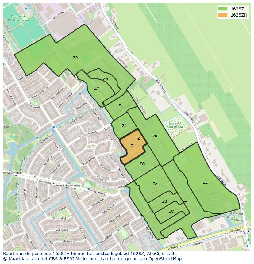 Afbeelding van het postcodegebied 1628 ZH op de kaart.