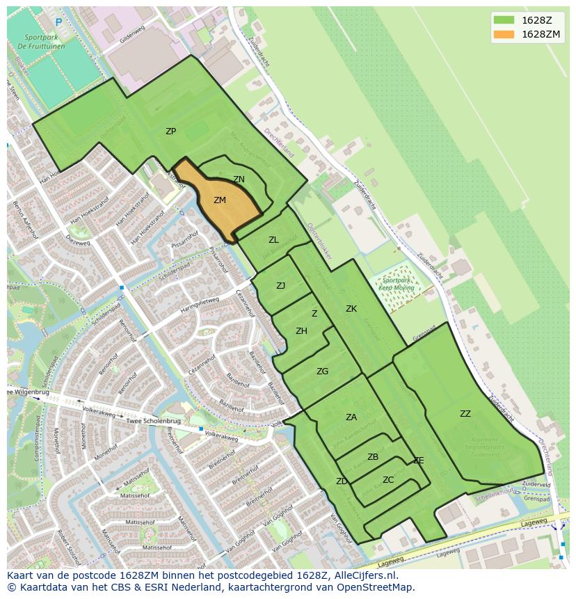 Afbeelding van het postcodegebied 1628 ZM op de kaart.