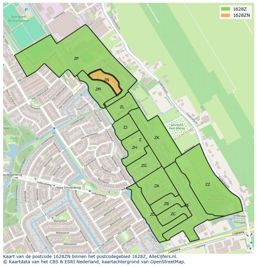 Afbeelding van het postcodegebied 1628 ZN op de kaart.