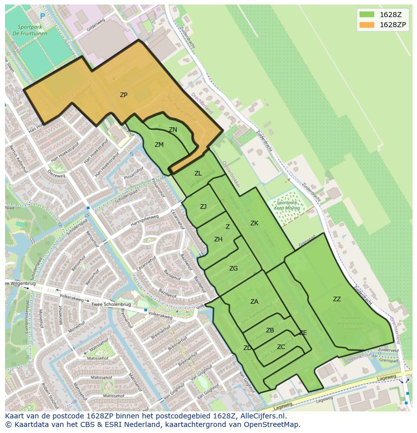 Afbeelding van het postcodegebied 1628 ZP op de kaart.