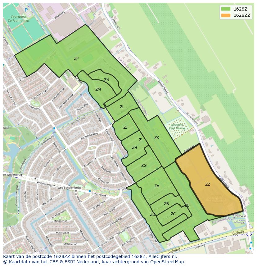 Afbeelding van het postcodegebied 1628 ZZ op de kaart.
