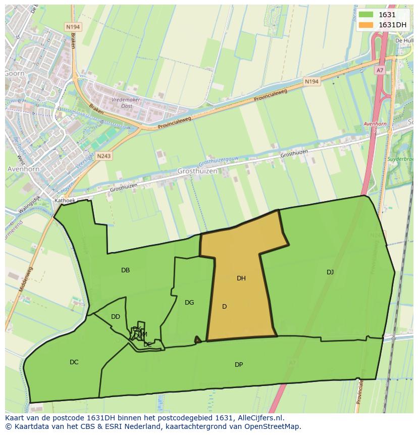 Afbeelding van het postcodegebied 1631 DH op de kaart.