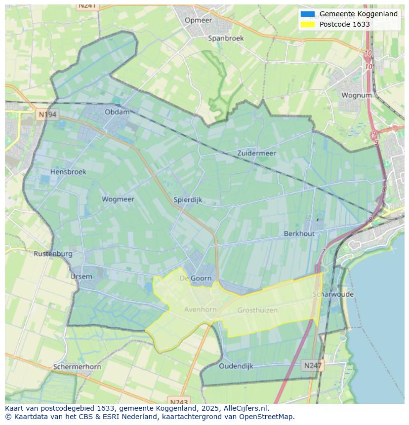 Afbeelding van het postcodegebied 1633 op de kaart.