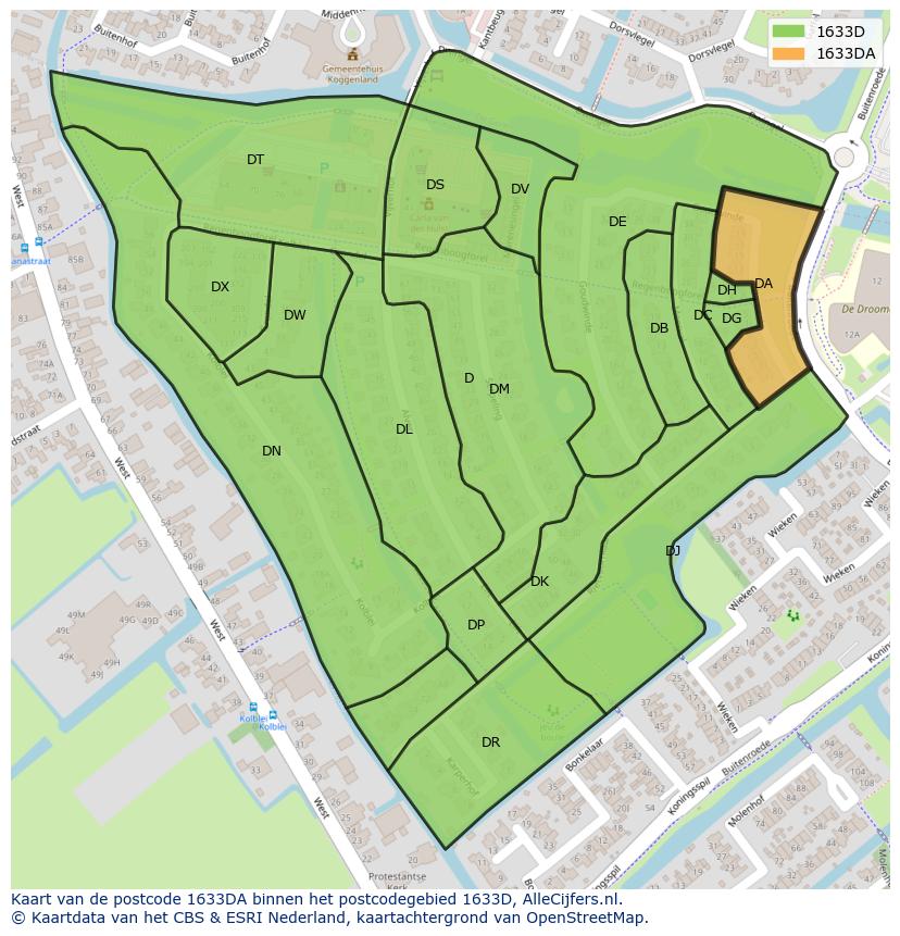 Afbeelding van het postcodegebied 1633 DA op de kaart.