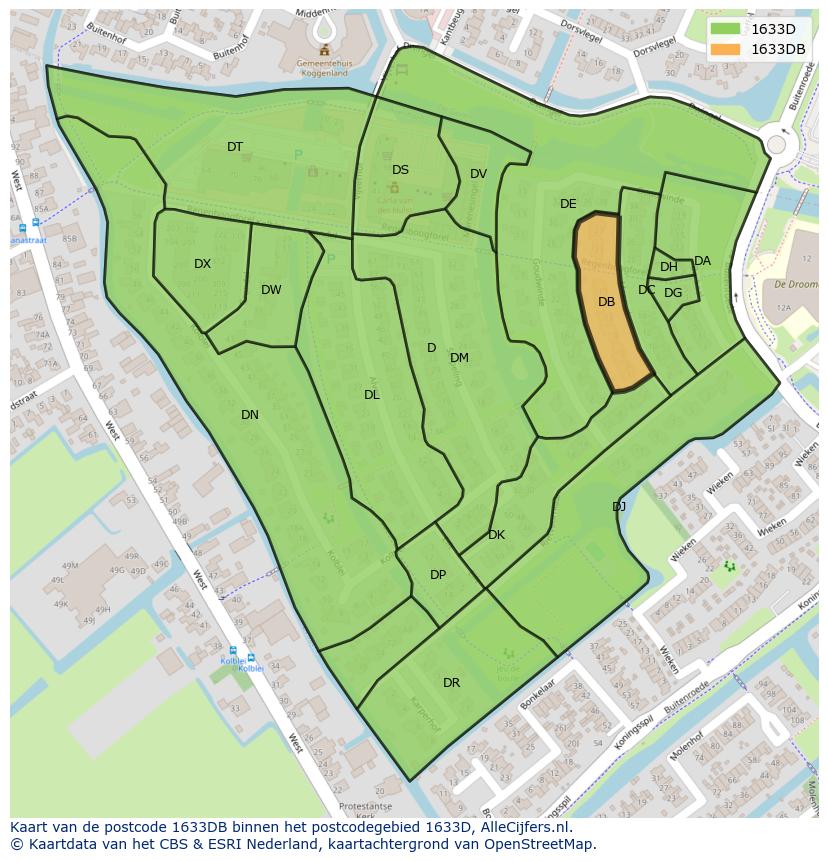 Afbeelding van het postcodegebied 1633 DB op de kaart.