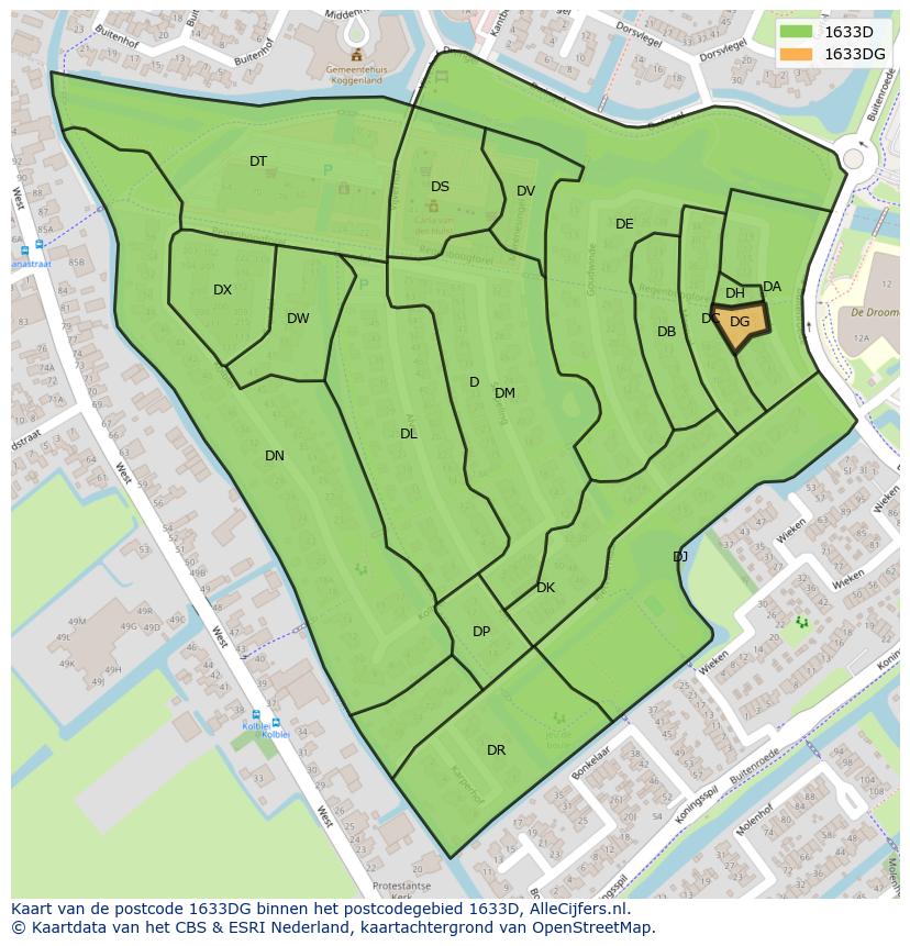 Afbeelding van het postcodegebied 1633 DG op de kaart.