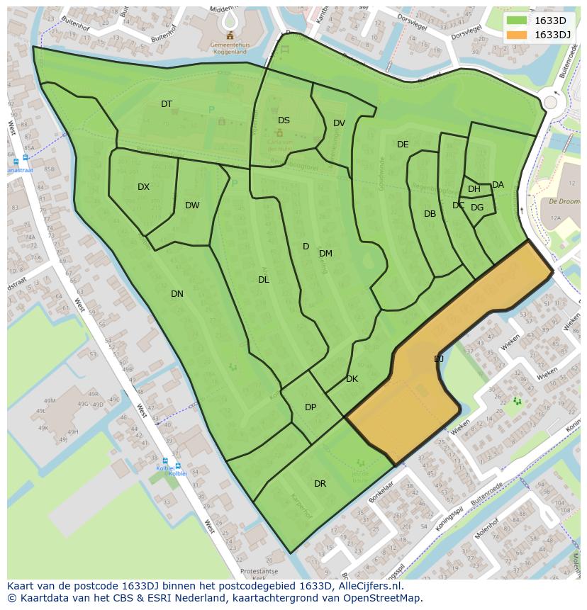 Afbeelding van het postcodegebied 1633 DJ op de kaart.