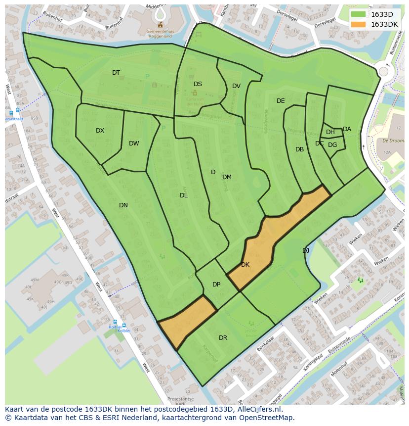 Afbeelding van het postcodegebied 1633 DK op de kaart.