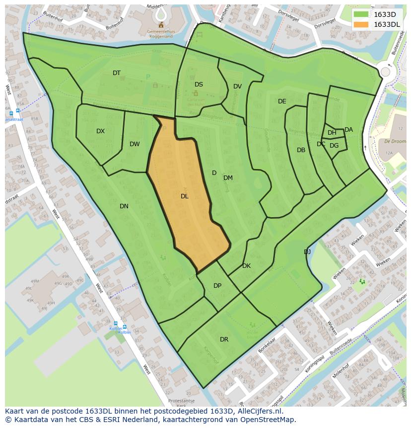 Afbeelding van het postcodegebied 1633 DL op de kaart.