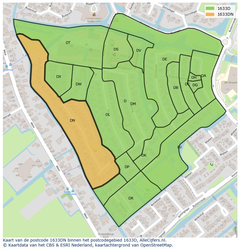 Afbeelding van het postcodegebied 1633 DN op de kaart.