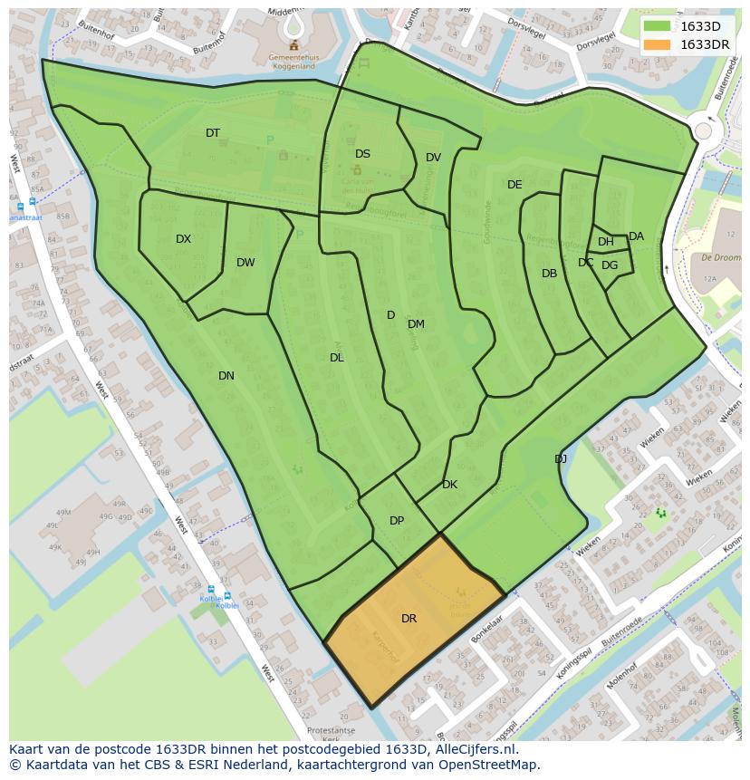 Afbeelding van het postcodegebied 1633 DR op de kaart.