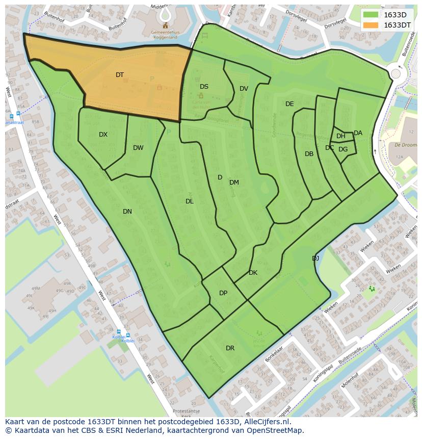Afbeelding van het postcodegebied 1633 DT op de kaart.
