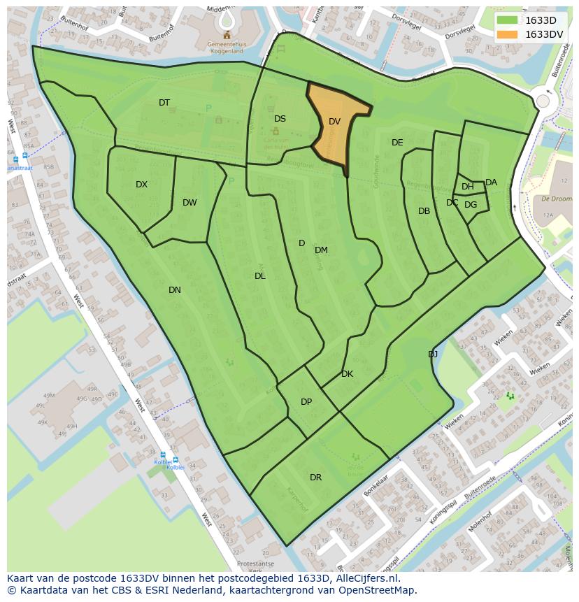 Afbeelding van het postcodegebied 1633 DV op de kaart.