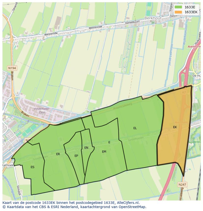 Afbeelding van het postcodegebied 1633 EK op de kaart.
