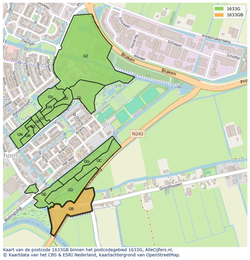 Afbeelding van het postcodegebied 1633 GB op de kaart.