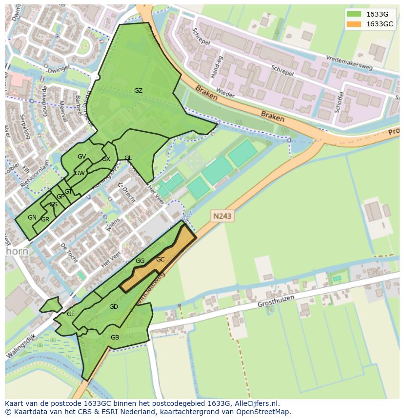Afbeelding van het postcodegebied 1633 GC op de kaart.