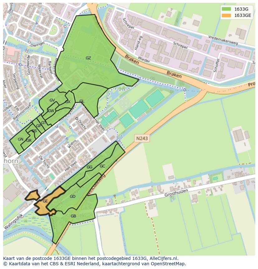 Afbeelding van het postcodegebied 1633 GE op de kaart.