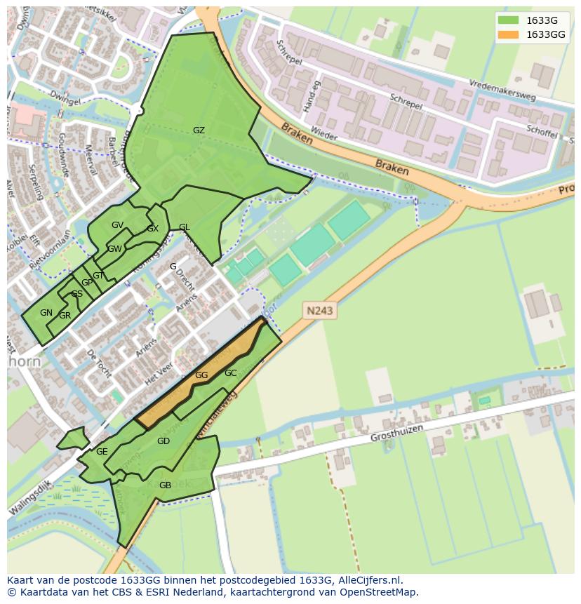 Afbeelding van het postcodegebied 1633 GG op de kaart.