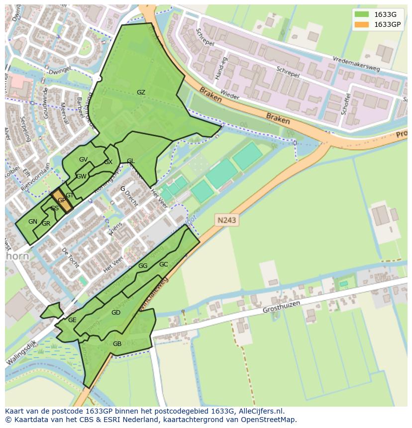 Afbeelding van het postcodegebied 1633 GP op de kaart.