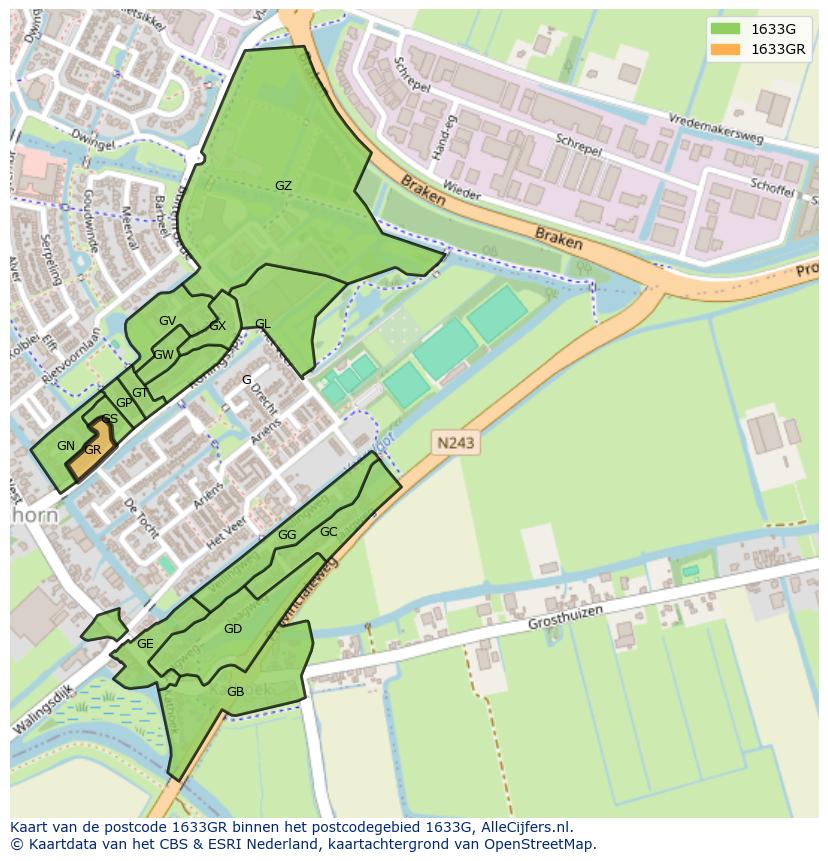 Afbeelding van het postcodegebied 1633 GR op de kaart.