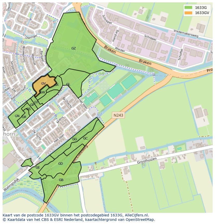 Afbeelding van het postcodegebied 1633 GV op de kaart.