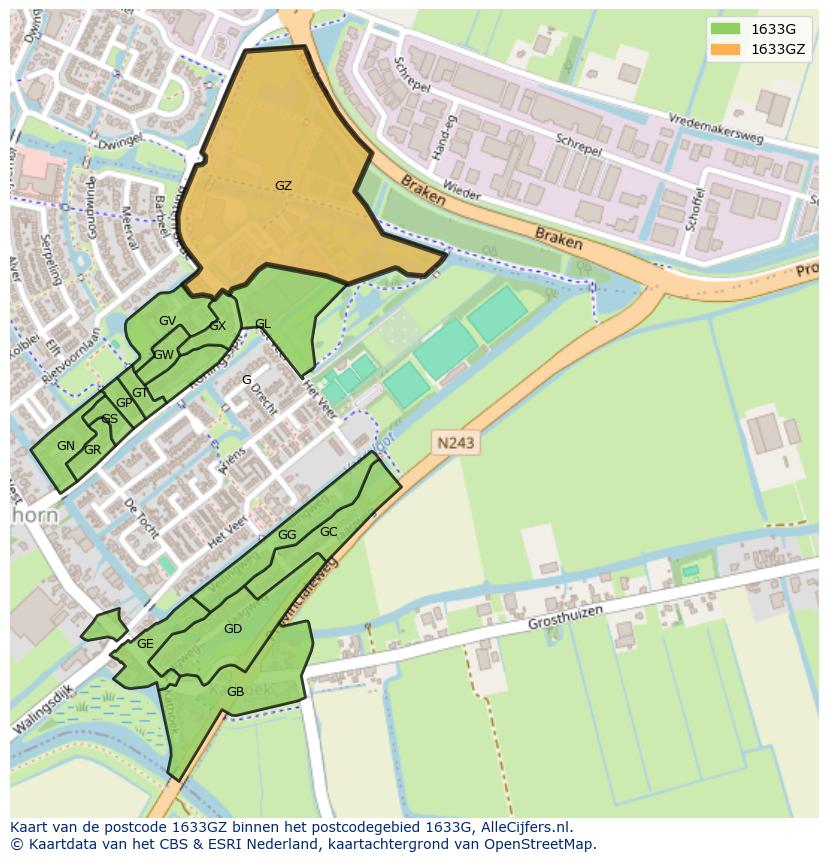 Afbeelding van het postcodegebied 1633 GZ op de kaart.