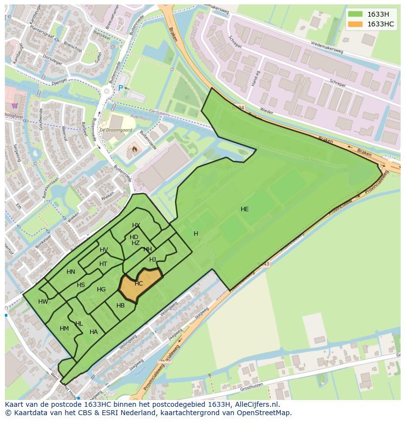 Afbeelding van het postcodegebied 1633 HC op de kaart.