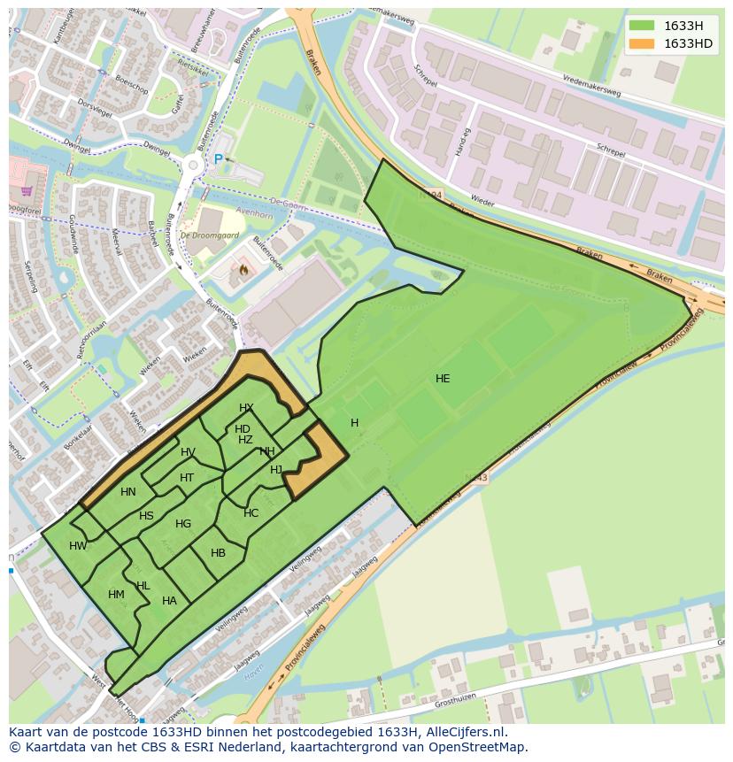 Afbeelding van het postcodegebied 1633 HD op de kaart.