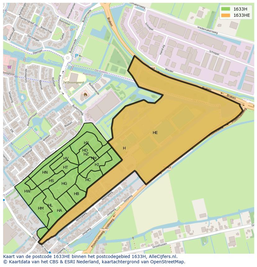 Afbeelding van het postcodegebied 1633 HE op de kaart.