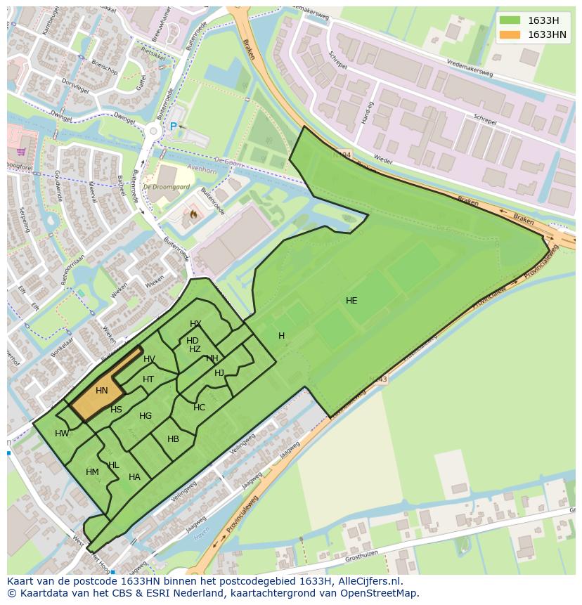 Afbeelding van het postcodegebied 1633 HN op de kaart.