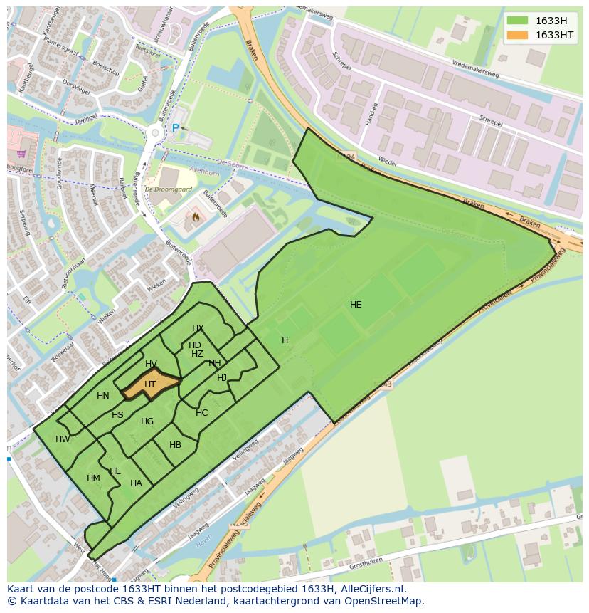 Afbeelding van het postcodegebied 1633 HT op de kaart.