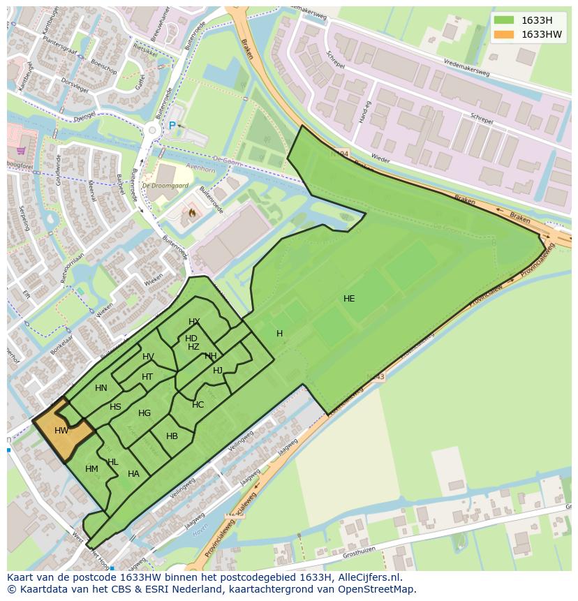 Afbeelding van het postcodegebied 1633 HW op de kaart.