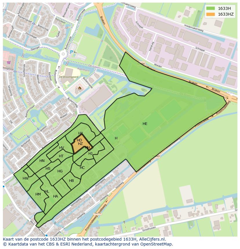 Afbeelding van het postcodegebied 1633 HZ op de kaart.