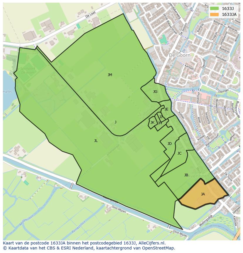 Afbeelding van het postcodegebied 1633 JA op de kaart.