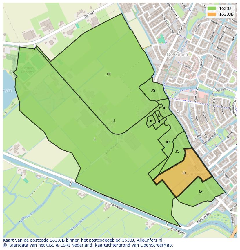 Afbeelding van het postcodegebied 1633 JB op de kaart.