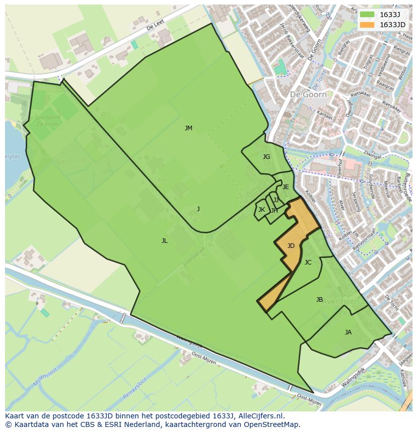 Afbeelding van het postcodegebied 1633 JD op de kaart.