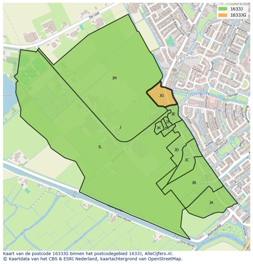 Afbeelding van het postcodegebied 1633 JG op de kaart.