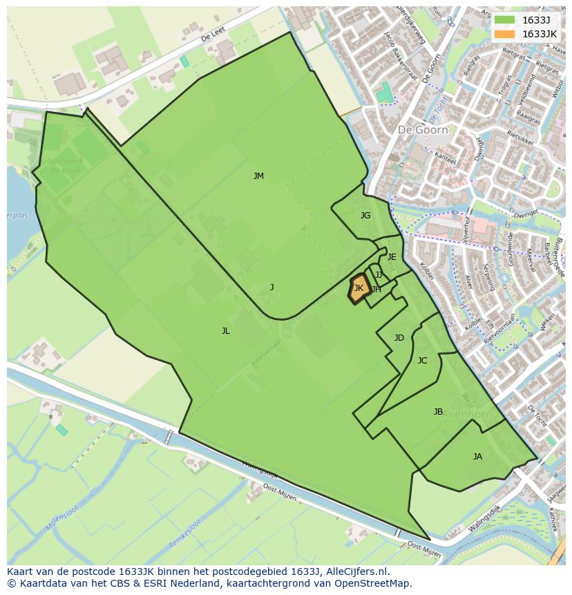 Afbeelding van het postcodegebied 1633 JK op de kaart.