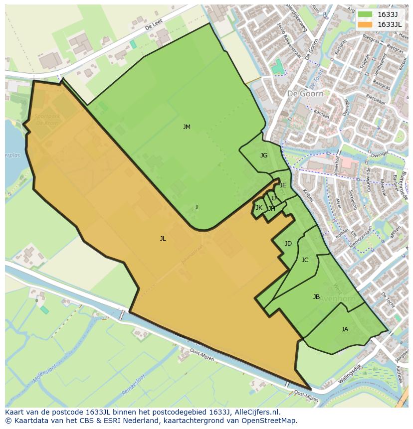 Afbeelding van het postcodegebied 1633 JL op de kaart.