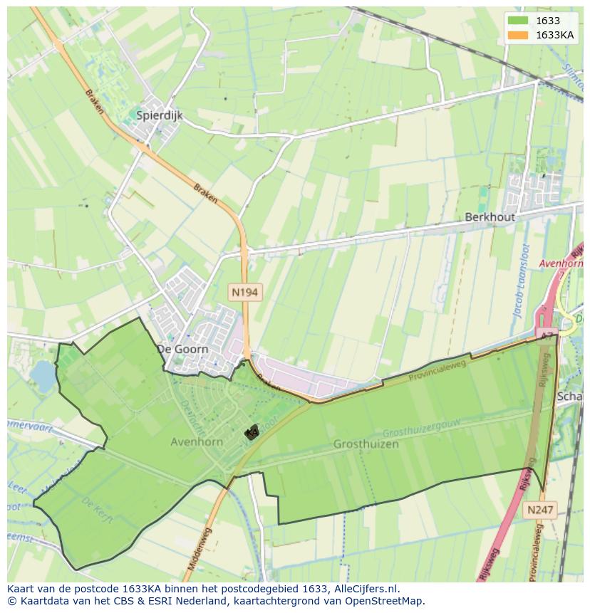 Afbeelding van het postcodegebied 1633 KA op de kaart.