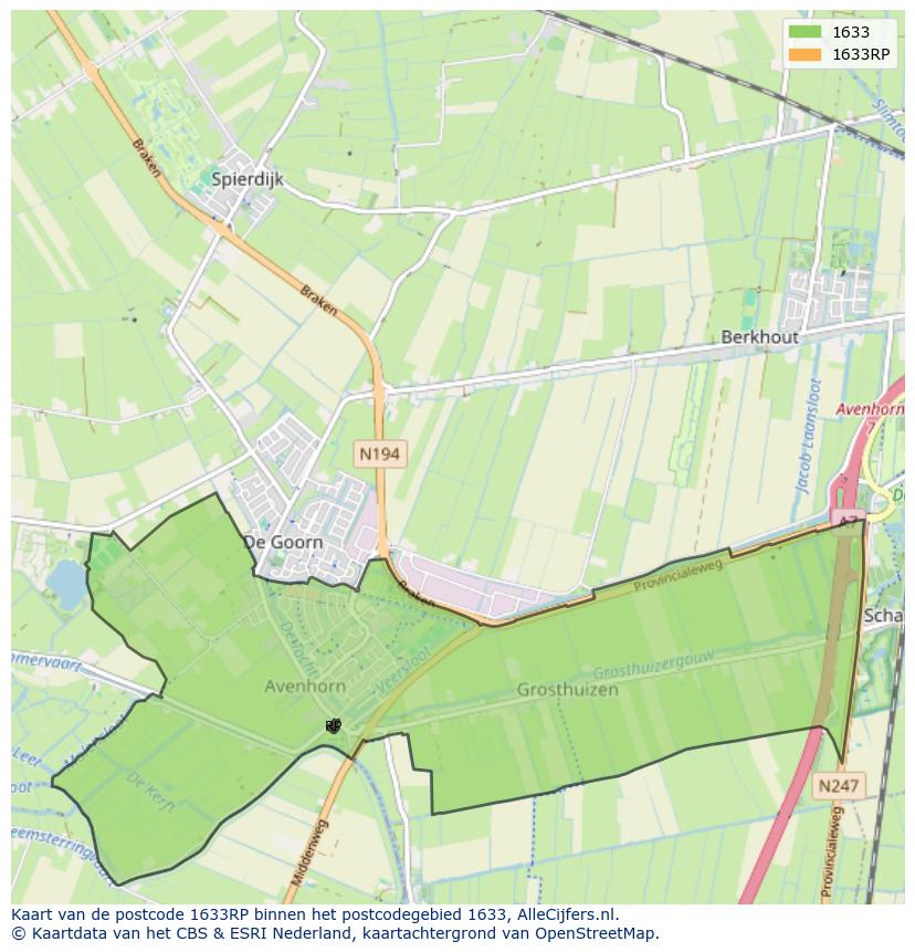 Afbeelding van het postcodegebied 1633 RP op de kaart.