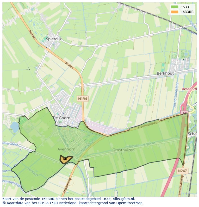 Afbeelding van het postcodegebied 1633 RR op de kaart.