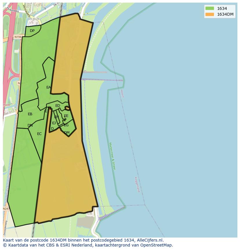 Afbeelding van het postcodegebied 1634 DM op de kaart.
