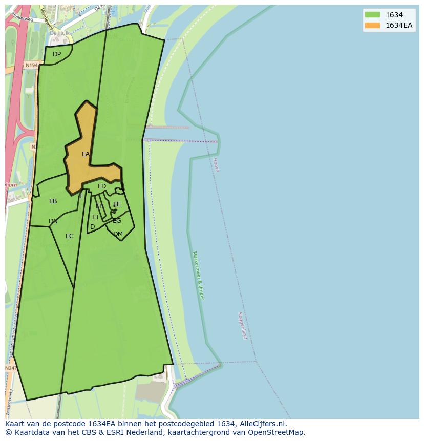 Afbeelding van het postcodegebied 1634 EA op de kaart.