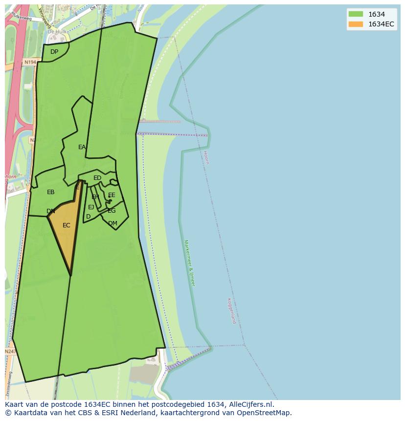 Afbeelding van het postcodegebied 1634 EC op de kaart.