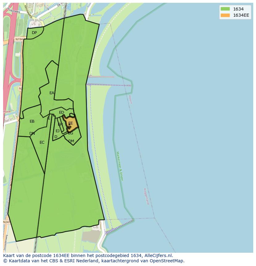 Afbeelding van het postcodegebied 1634 EE op de kaart.
