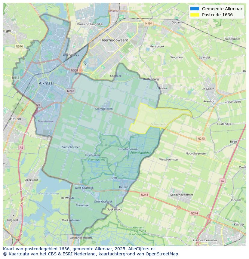 Afbeelding van het postcodegebied 1636 op de kaart.