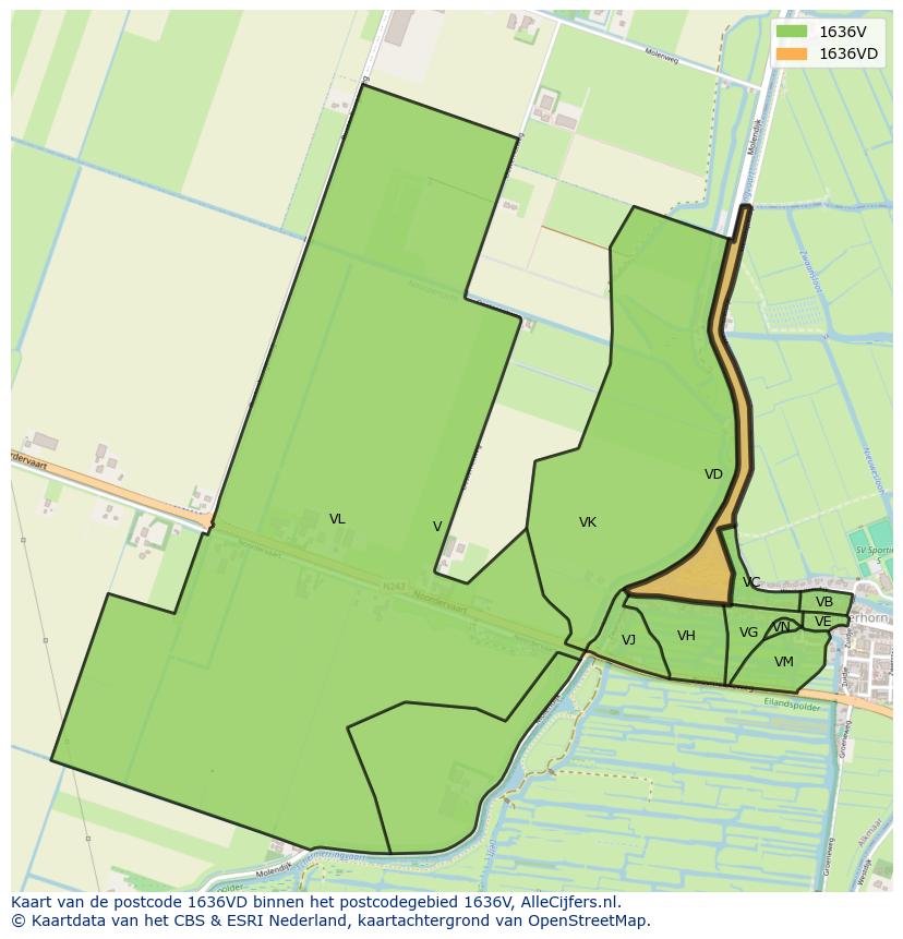Afbeelding van het postcodegebied 1636 VD op de kaart.