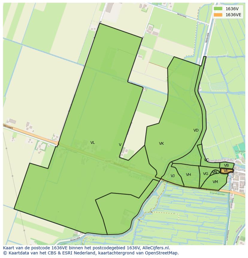 Afbeelding van het postcodegebied 1636 VE op de kaart.