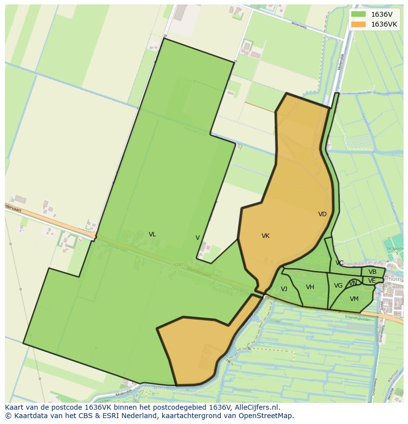 Afbeelding van het postcodegebied 1636 VK op de kaart.
